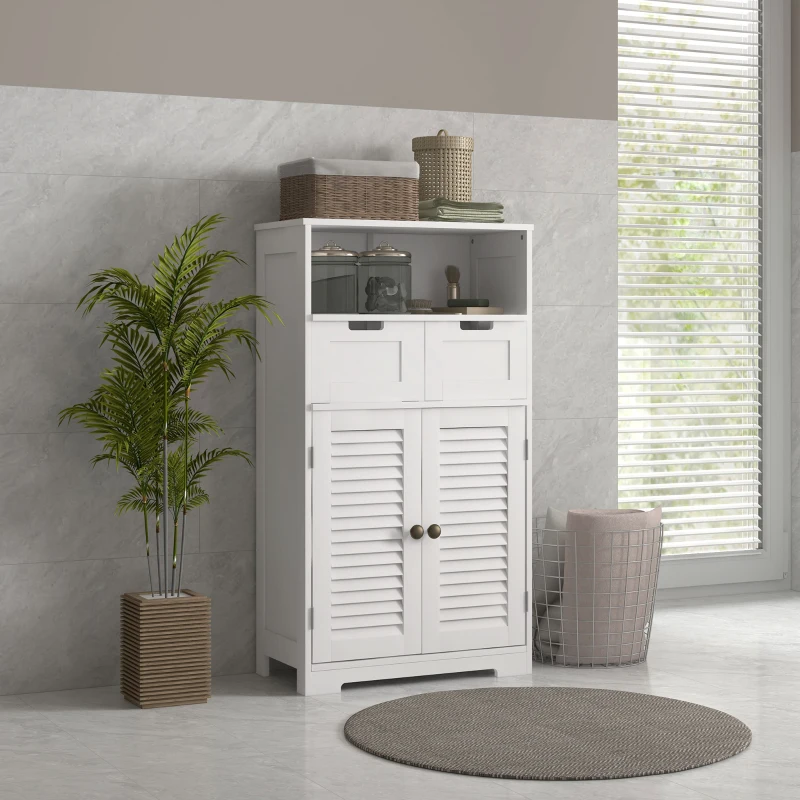 kleankin Meuble de salle de bain armoire 2 portes étagère réglable 2 tiroirs niche 61 x 30,5 x 109,5 cm blanc