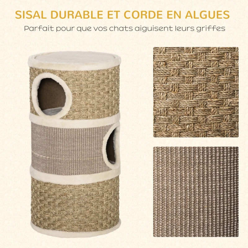 PawHut Tonneau à gratter pour chat arbre à chat sisal naturel et herbiers marins recouvert de peluche 37,5 x 37,5 x 70 cm kaki et café