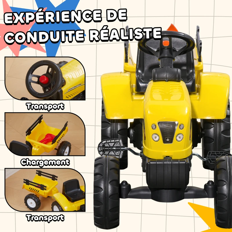 HOMCOM Porteur tracteur enfants avec remorque, râteau et pelle, tracteur à pédales 6 roues, charge 35 kg, pour 3+ ans, jaune