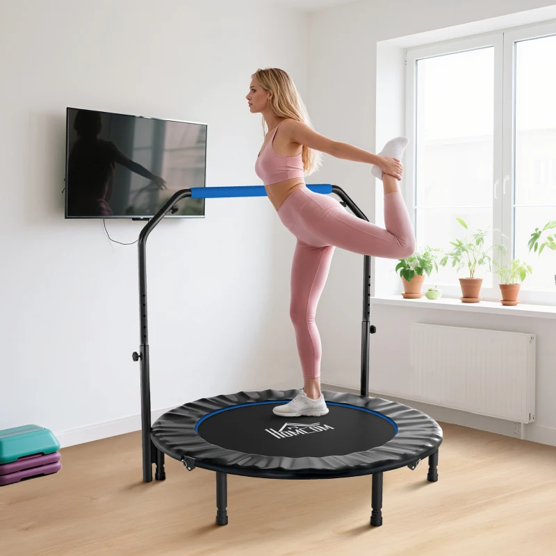 HOMCOM Trampolín de Fitness Adultos Ø122 cm, Cama Elástica Plegable con Mango Ajustable de 4 Niveles Negro y Azul