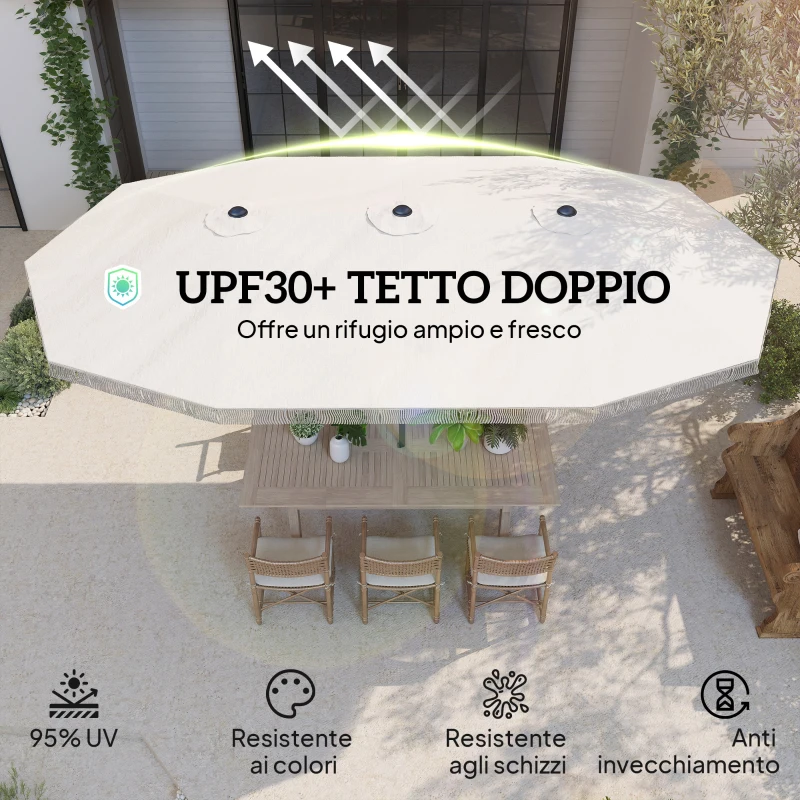 Outsunny Ombrellone Doppio a 12 Stecche con Manovella, in Poliestere e Acciaio, 450x265x260 cm, Bianco Crema