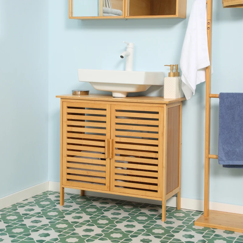 kleankin Meuble sous lavabo salle de bain en bambou meuble sous vasque 2 portes 66 x 29 x 61,5 cm