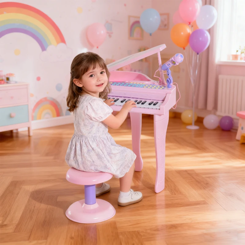HOMCOM Pianoforte Giocattolo per Bambini , Strumento Musicale Elettrico con 37 Tasti Luminosi, Microfono e Sgabello Inclusi, 48x39x69 cm, Rosa