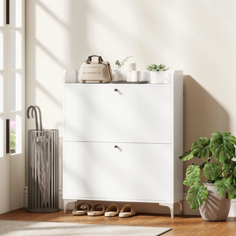 HOMCOM Meuble à chaussures 16 paires, armoire à chaussures avec 2 tiroirs rabattables, étagères réglables, 80x24x101cm, blanc