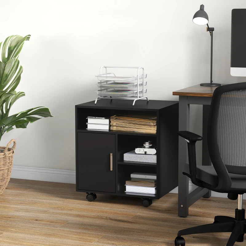 HOMCOM Support d'imprimante organiseur bureau caisson placard porte 3 niches + grand plateau panneaux particules noir