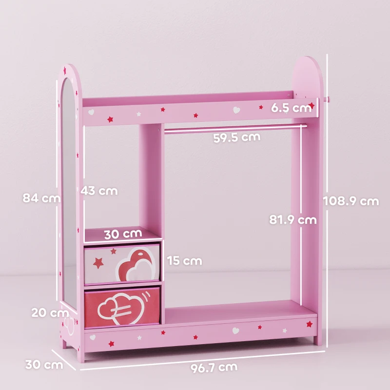 AIYAPLAY Kids Clothes Rail, Kids Wardrobe with Mirror, Shelves, Fabric Storage and Hooks for Bedroom, Nursery, Pink