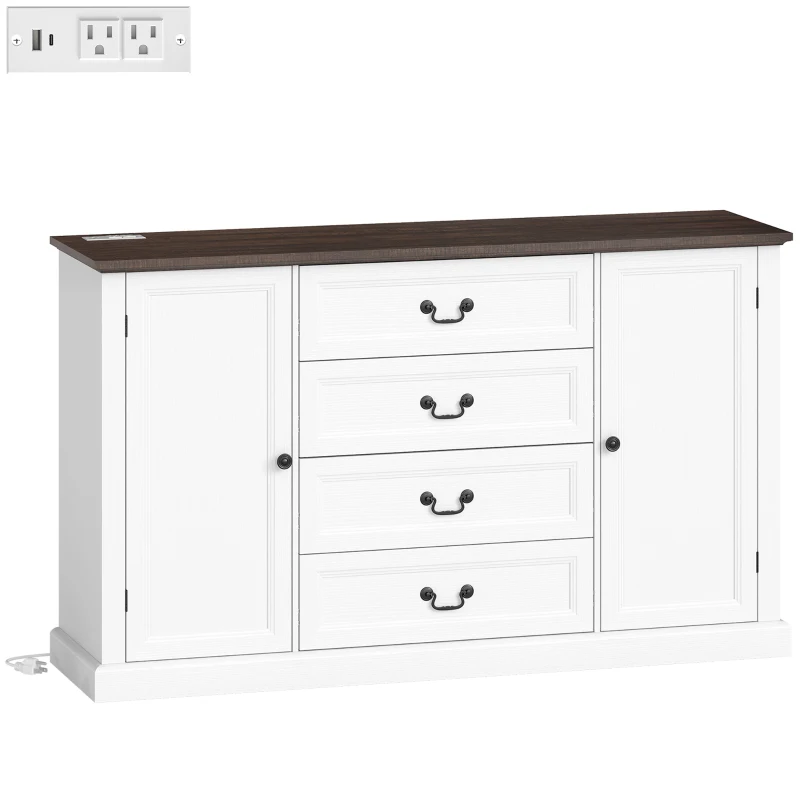 HOMCOM Credenza da Cucina Stile Vintage con 4 Cassetti e 2 Armadietti con Mensole Regolabili, 147x40x87, Legno Bianco