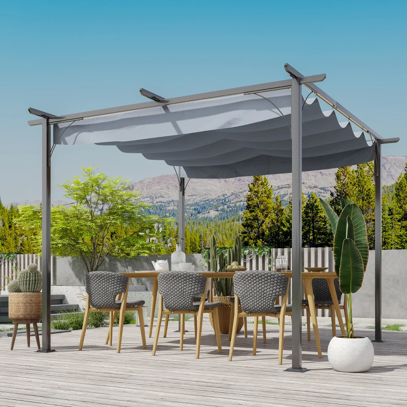 Outsunny Pergola rétractable 3L x 3l x 2,30H m structure métal époxy anticorrosion, toile polyester haute densité incluse gris