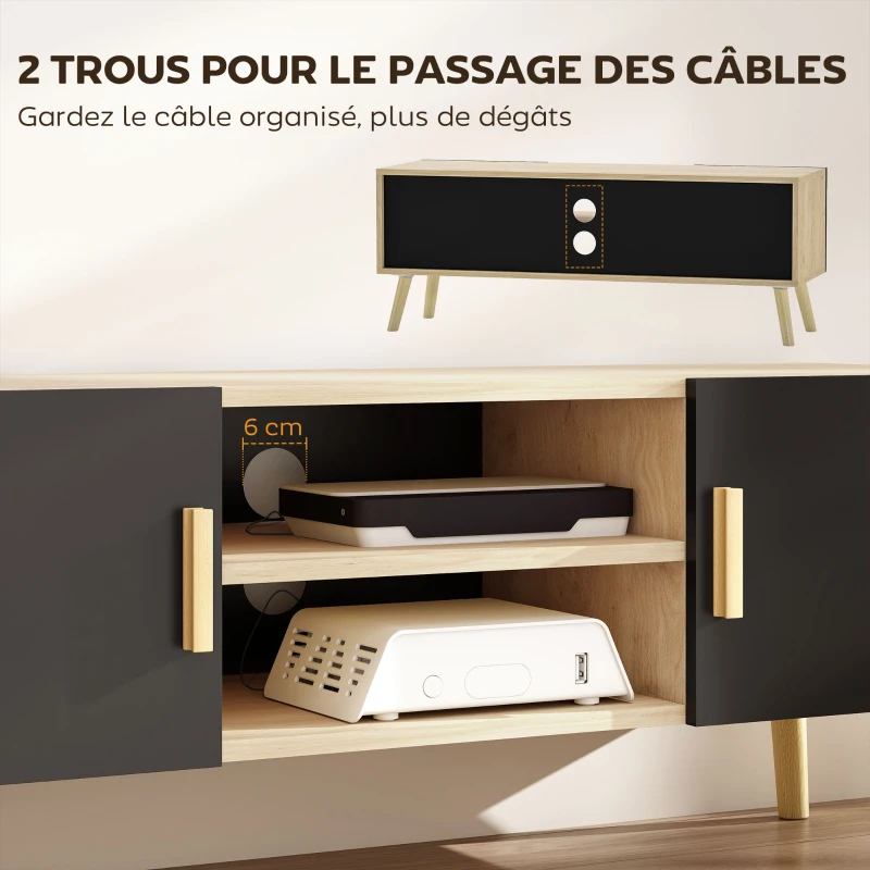 HOMCOM Meuble TV meuble télé bois banc TV jusqu'à 50 pouces avec étagères, 2 placards et passe-câbles, chêne