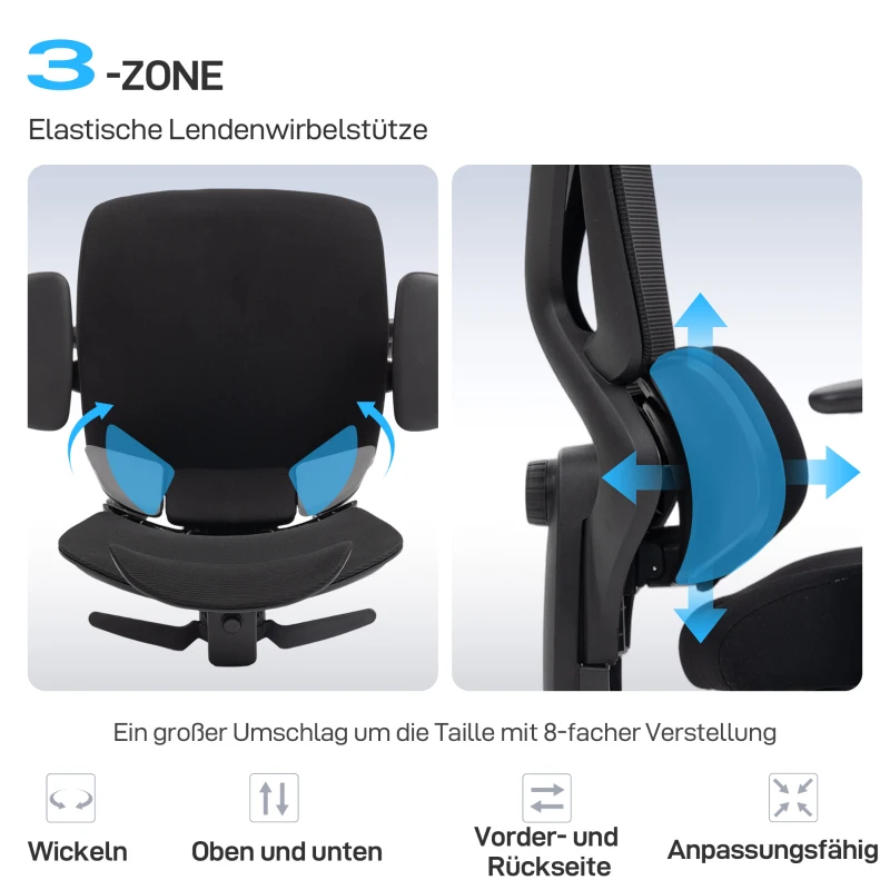HOMCOM Ergonomischer Bürostuhl mit Rollen, Netzstoff, Lendenstütze, Computerstuhl mit Armlehnen, verstellbare Kopfstütze