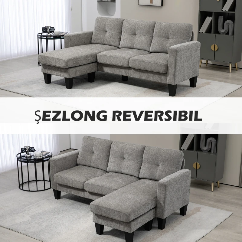 HOMCOM Canapea Colțar Extensibil cu Șezlong Reversibil, Pernă pentru Șezut și Spătar și 3 Locuri, 186x130x84 cm, Maro(m-6)