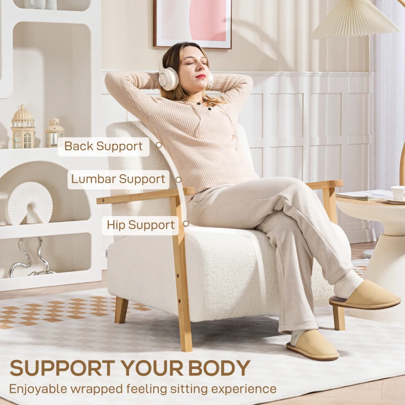 HOMCOM Armchair, Sherpa Fabric Accent Chair, Nordic Comfy Upholstered Reading Lounge with Wood Legs and Armrests for Bedroom