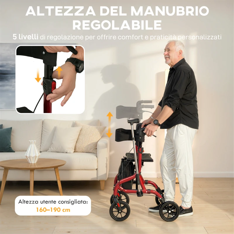 HOMCOM Deambulatore con Seduta e Schienale per Anziani Pieghevole, Altezza Regolabile, Borsa e Porta Bastone, Rosso