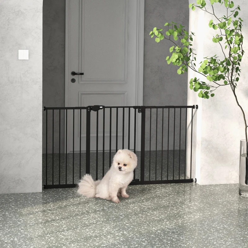PawHut Lot de 2 barrières de sécurité animaux porte fermeture automatique système de double verrouillage sans perçage noir