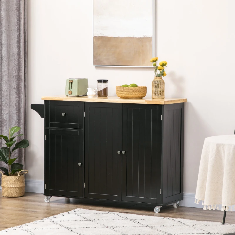 HOMCOM Desserte ilot de cuisine multi-rangements 1 tiroir 2 placards 3 portes avec étagère porte-torchons bois d'hévéa noir