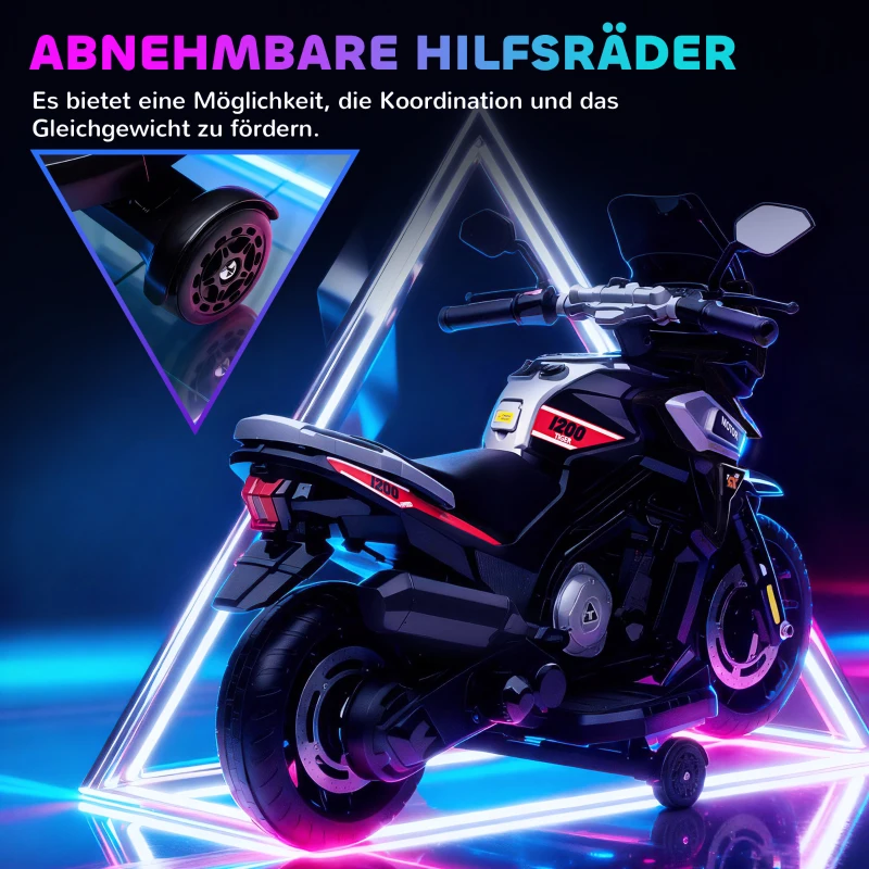 AIYAPLAY Elektro-Motorrad für Kinder von 18-36 Monaten, Aufsitz-Fahrzeug, Hilfsräder, Lichter, Musik, Kunststoff, Stahl, Schwarz