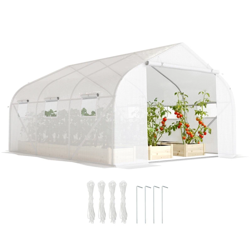 Outsunny Serre Tunnel de Jardin 13,35 m² dim. 4,5L x 3l x 2H m Porte + 6 fenêtres enroulables Acier galvanisé bâche PE Haute densité Blanc