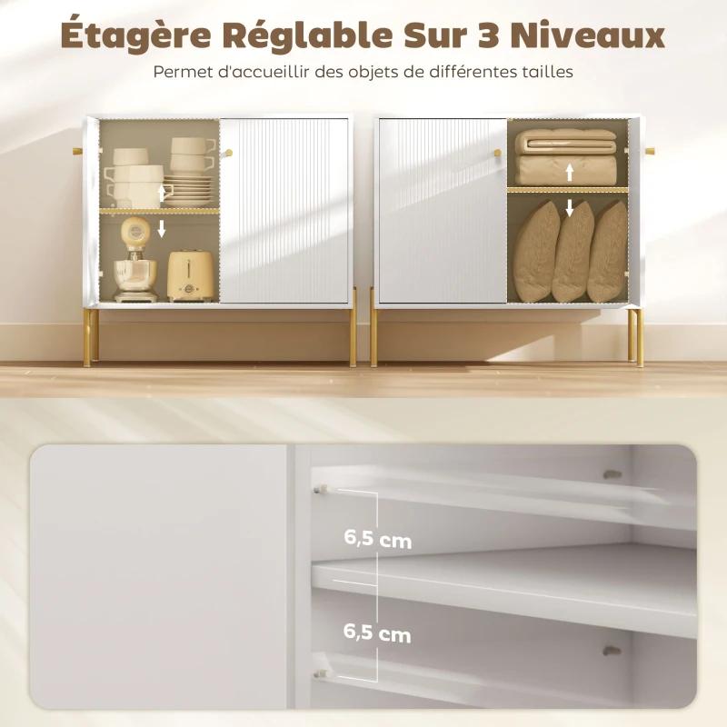 HOMCOM Buffet salon, meuble de rangement avec double porte cannelée, étagère réglable, pieds en acier, 80 x 39,1 x 76 cm, blanc