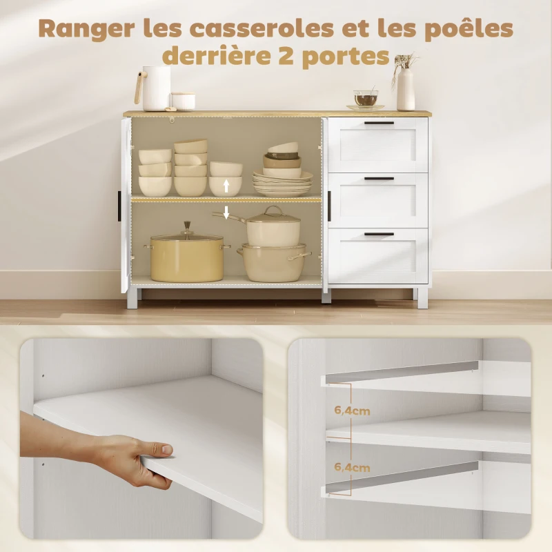 HOMCOM Buffet salon, meuble de rangement, double porte à fermeture amortie, 3 tiroirs et étagère réglable, 120x38x76cm, blanc
