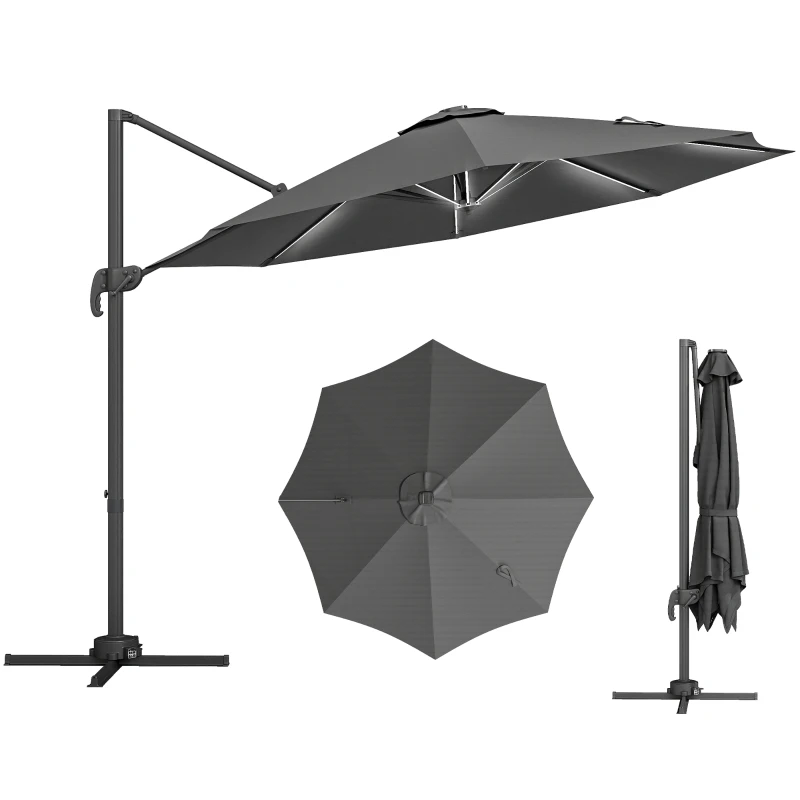 Outsunny Ombrellone a Braccio per Esterno con Luci a LED e Angolo Regolabile, in Alluminio e Poliestere Ø3x2.5 m, Grigio