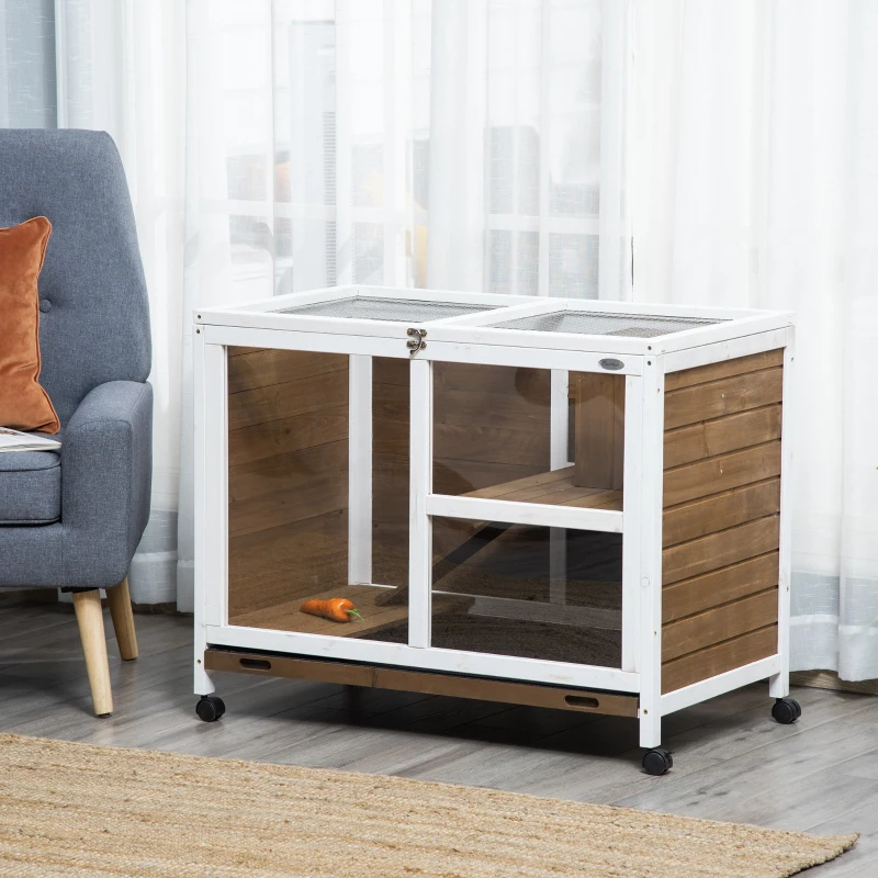 PawHut Cage à lapin clapier sur roulettes petit enclos animaux en bois massif 2 étages toit ouvrant 91,5 x 53,3 x 73 cm marron