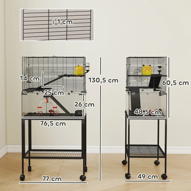 PawHut Hamsterkooi, verblijf voor kleine huisdieren met 3 niveaus, looprad, huisje, platforms, hellingen, voerschaal, waterfles, accessoires, staal, kunststof, zwart