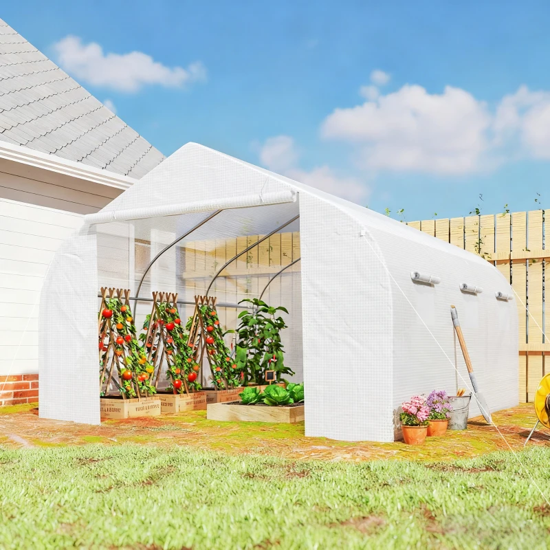 Outsunny Serre Tunnel de Jardin 13,35 m² dim. 4,5L x 3l x 2H m Porte + 6 fenêtres enroulables Acier galvanisé bâche PE Haute densité Blanc