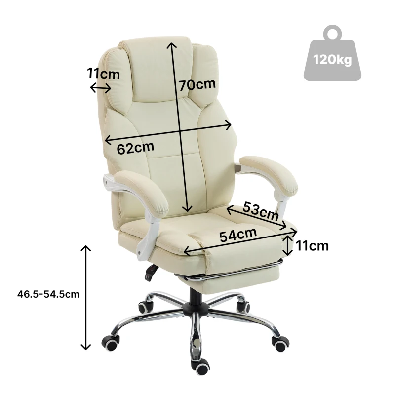 HOMCOM Sedia da ufficio reclinabile, sedia per scrivania, seduta girevole regolabile in altezza con poggiapiedi, 64 x 73 x 120 cm, Beige