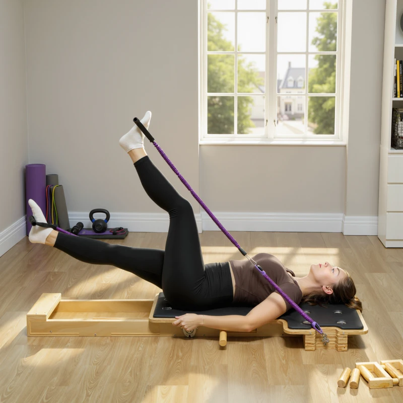 SPORTNOW Pilates Reformer multifunzionale con fasce, impugnature e ruota addominale, legno naturale