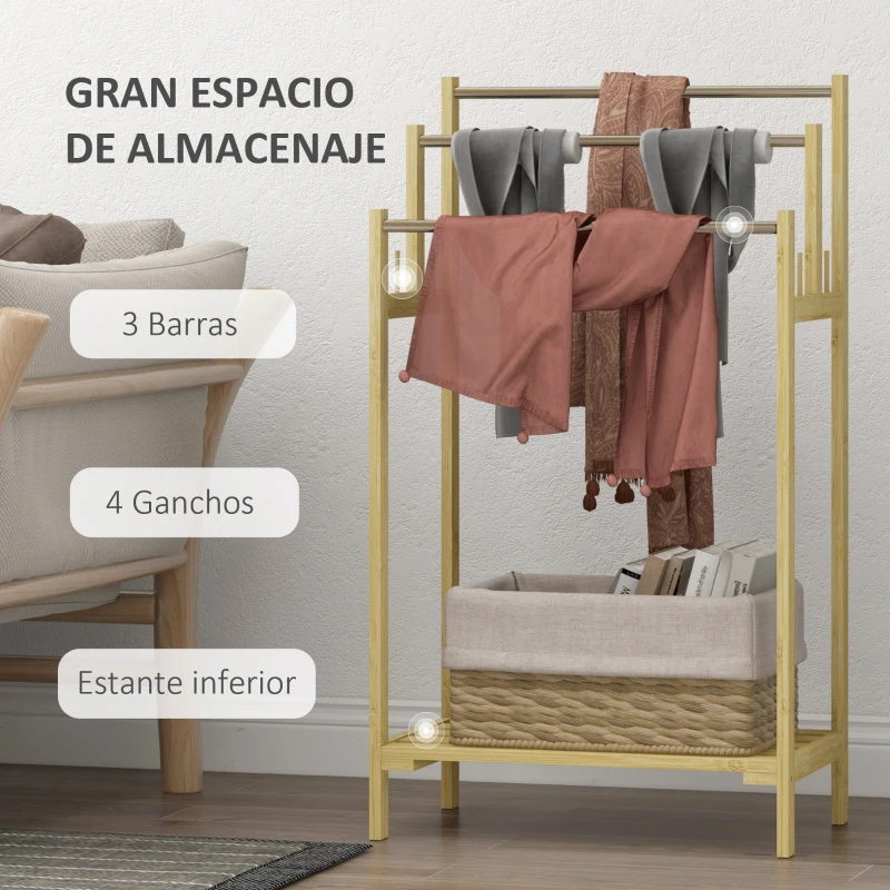 HOMCOM Toallero de Pie de Bambú con 3 Barras de Acero Inoxidable Estante Abierto 50,5x31x90 cm Natural