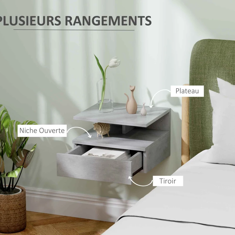 HOMCOM Lot de 2 tables de chevet murales tables de nuit tiroir coulissant, niche, plateau, 35 x 32 x 22,5 cm gris