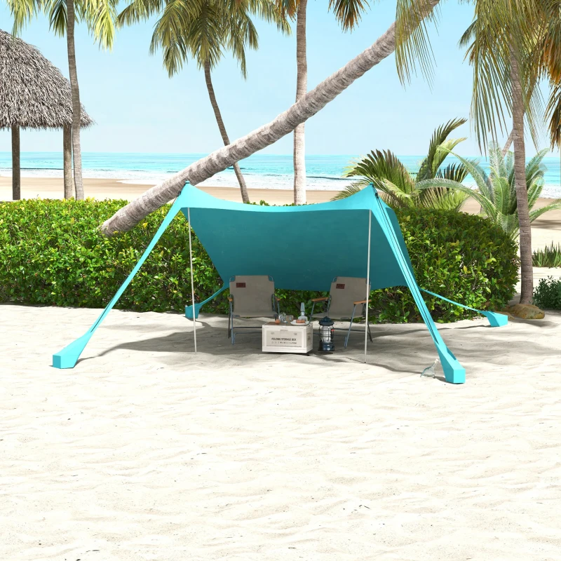 Outsunny Tente de plage, abri solaire de camping, bâche avec 2 poteaux, auvent d'ombrage extérieur - dim. 215L x 200l x 200H cm