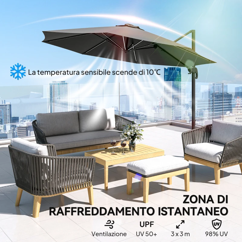 Outsunny Ombrellone a Braccio per Esterno con Luci a LED e Angolo Regolabile, in Alluminio e Poliestere Ø3x2.5 m, Grigio