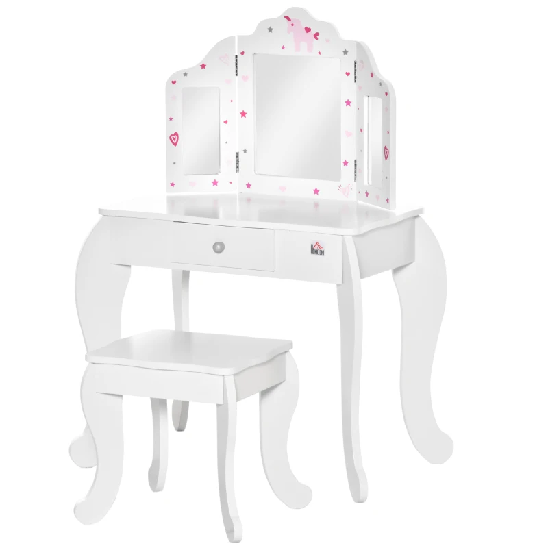 HOMCOM Coiffeuse Enfant avec Tabouret, Miroir triptyque et tiroir Coulissant - Coiffeuse dim. 63L x 40l x 85,5H cm