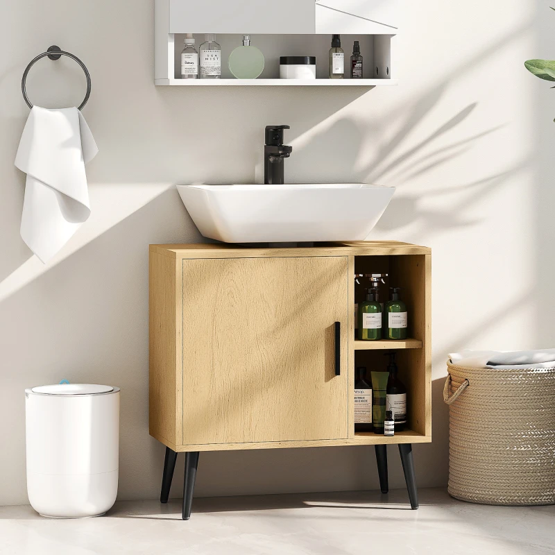 HOMCOM Meuble sous lavabo salle de bain avec porte à fermeture progressive et étagère réglable, 60 x 30 x 59,5 cm, chêne