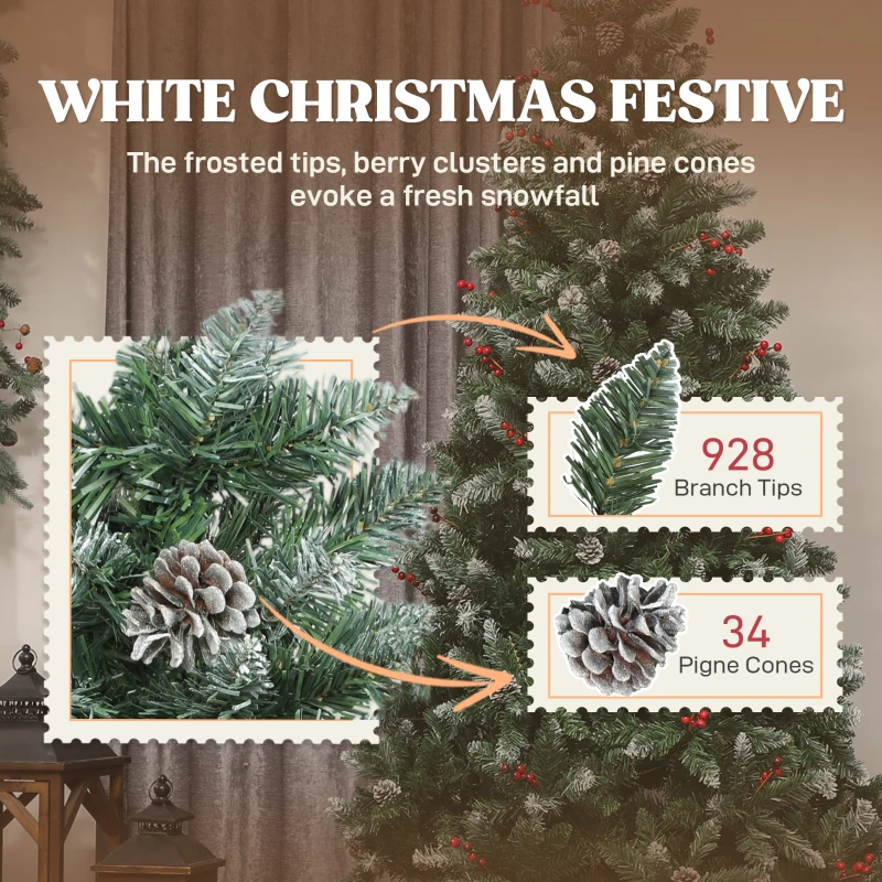 HOMCOM Brad de Crăciun de 213 cm pentru Interior cu 928 de Ramuri, Conuri și Boabe Verzi