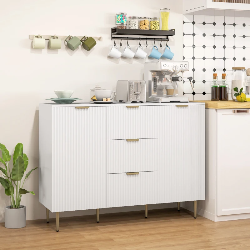 HOMCOM Buffet meuble cuisine rangement avec 3 tiroirs, étagères réglables, placards à portes cannelées, 120 x 40 x 90 cm, blanc