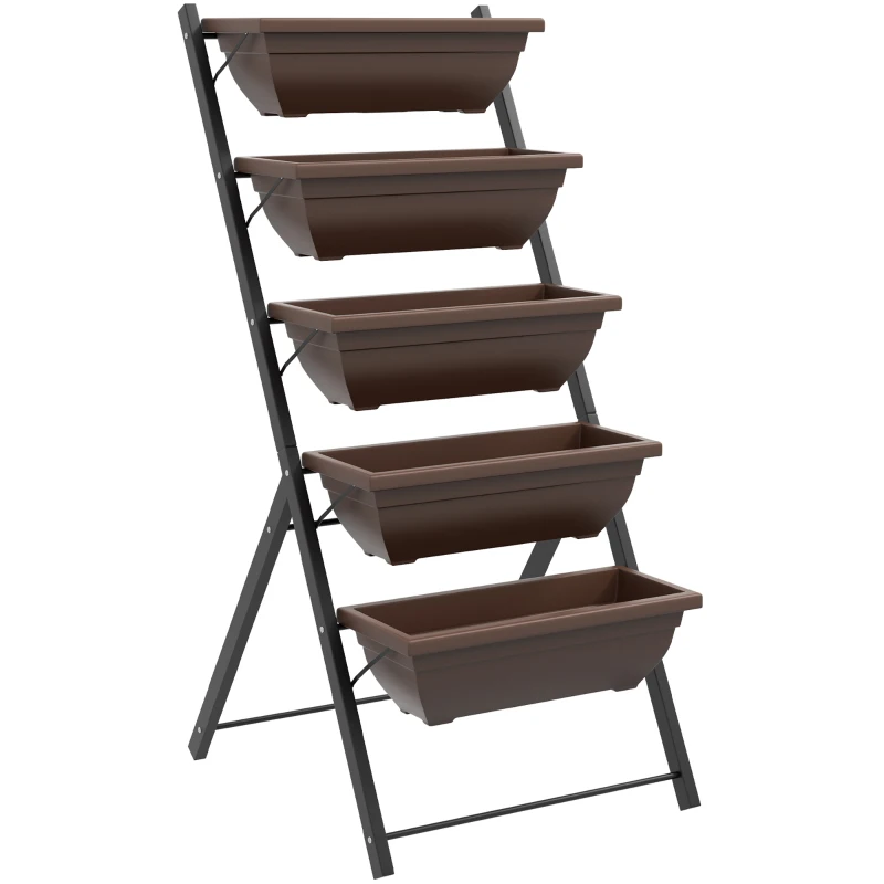 Outsunny Portapiante Verticale a 5 Livelli con 5 Vasi con Fori di Drenaggio, in Acciaio e PE, 55x63x120 cm, Marrone