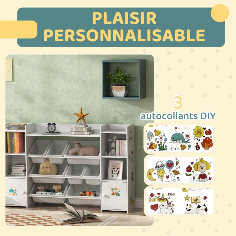 AIYAPLAY Meuble rangement enfant, étagère de rangement pour jouets enfants avec 8 bacs amovibles, 140 x 30 x 90 cm, blanc