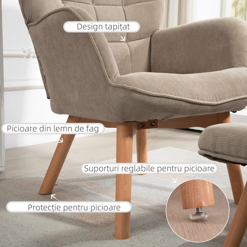 HOMCOM Fotoliu cu Taburet din Catifea cu Model Crestat , Spătar Înalt și Brațe, 72x80x101 cm, Bej