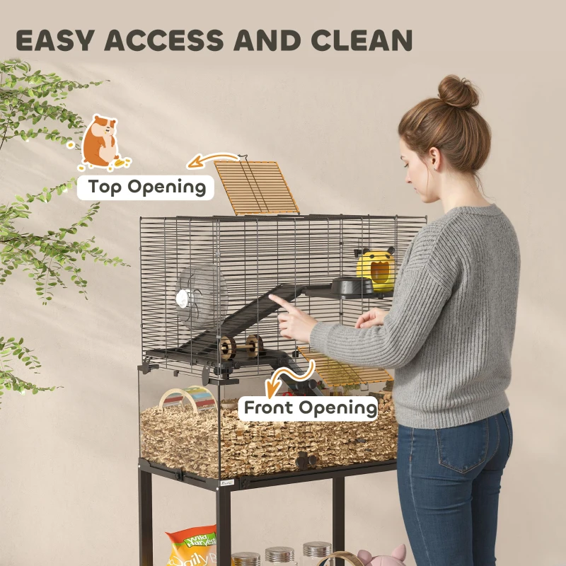 PawHut Hamsterkooi, verblijf voor kleine huisdieren met 3 niveaus, looprad, huisje, platforms, hellingen, voerschaal, waterfles, accessoires, staal, kunststof, zwart