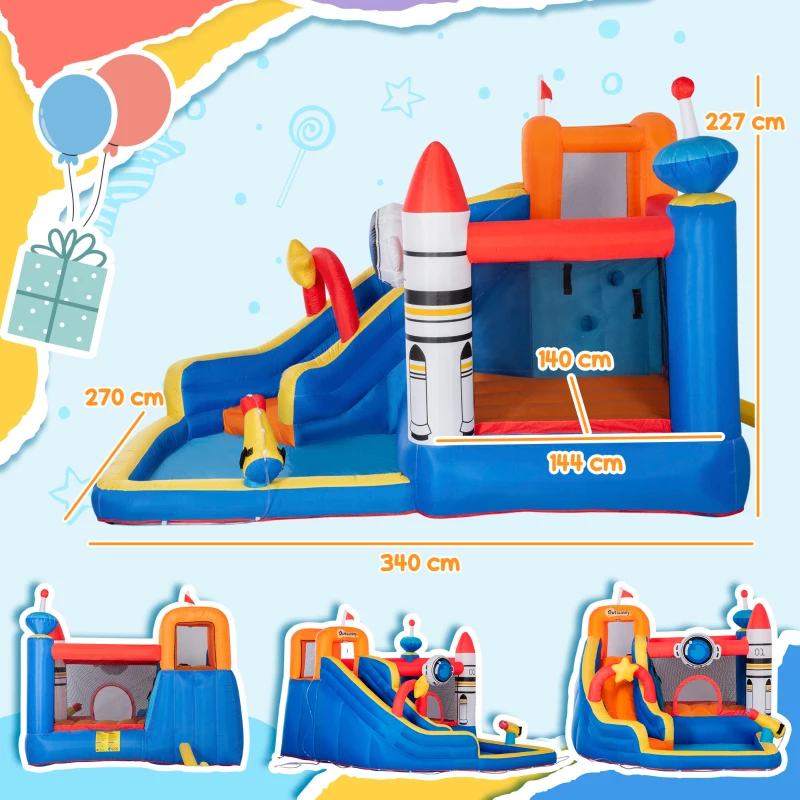 Outsunny Gioco Gonfiabile per Bambini 3-8 Anni a tema Spazio con Borsa, 11 Paletti e Toppe Inclusi, 340x270x227 cm