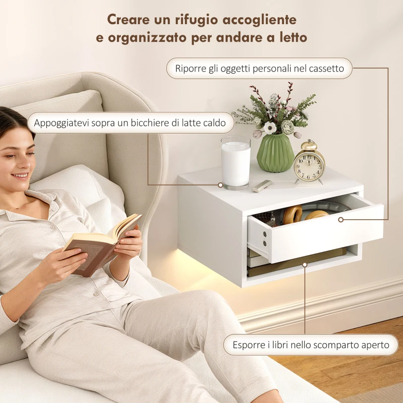 HOMCOM Set 2 Comodini Sospesi con LED RGB Integrati e Regolabili con APP, Cassetto e Ripiano, 37x32x21 cm, Bianco