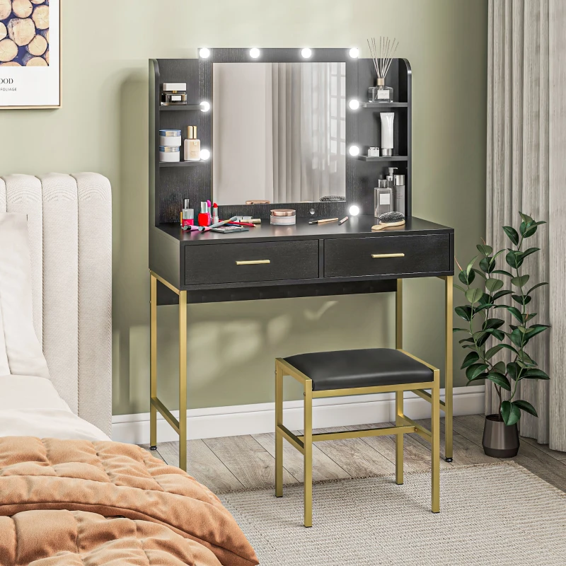 HOMCOM Coiffeuse avec miroir et éclairage intégré, tabouret rembourré, 2 tiroirs, étagères, coiffeuse moderne, noir
