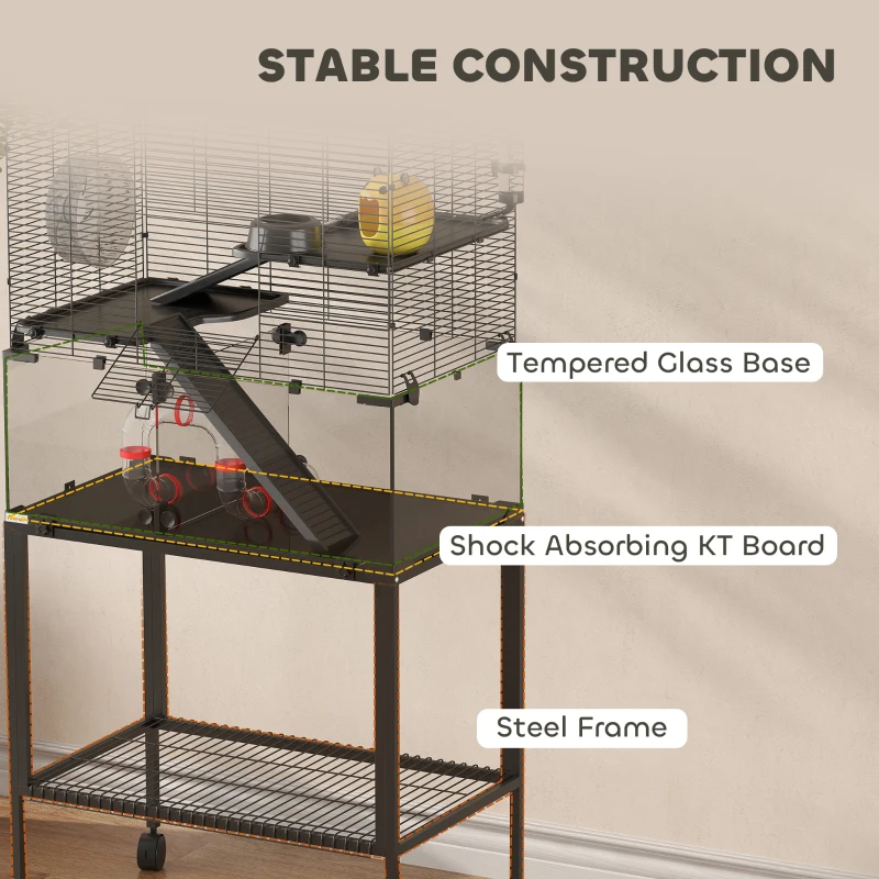 PawHut Hamsterkooi, verblijf voor kleine huisdieren met 3 niveaus, looprad, huisje, platforms, hellingen, voerschaal, waterfles, accessoires, staal, kunststof, zwart