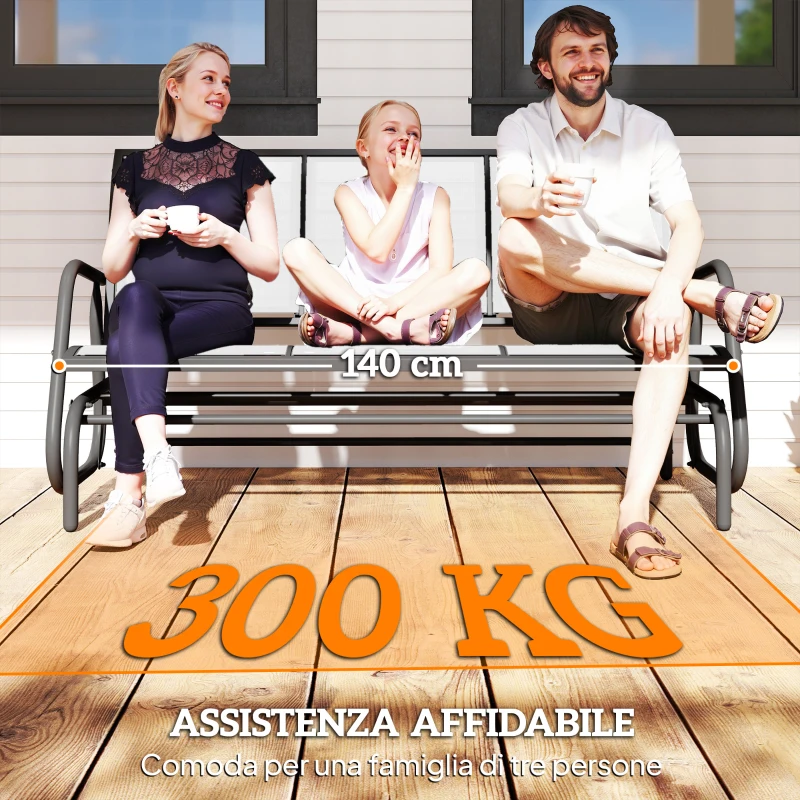 Outsunny Panchina a Dondolo da Giardino a 3 Posti in Metallo e Tessuto a Rete Traspirante, 147x70x85cm, Beige