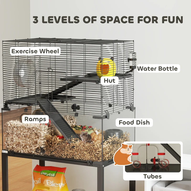 PawHut Hamsterkooi, verblijf voor kleine huisdieren met 3 niveaus, looprad, huisje, platforms, hellingen, voerschaal, waterfles, accessoires, staal, kunststof, zwart