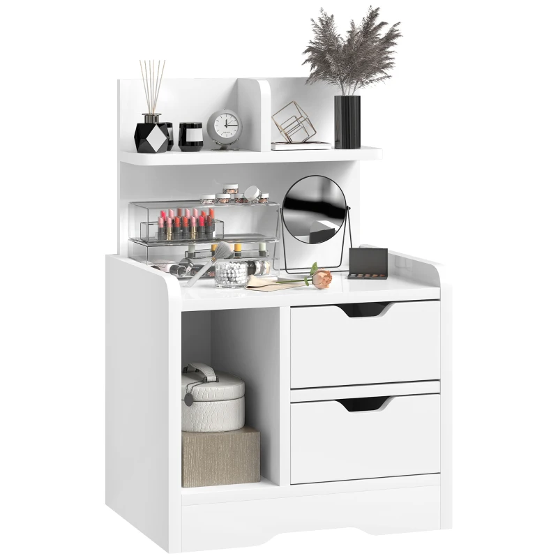 HOMCOM Bedside Table with 2 Drawers and Open Shelves - High Gloss White