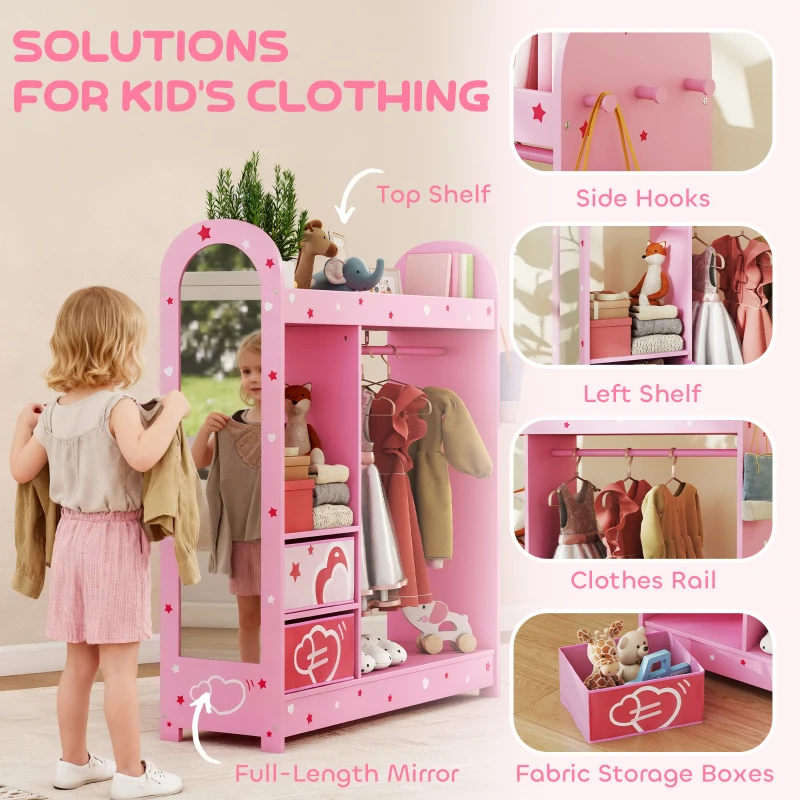 AIYAPLAY Kids Clothes Rail, Kids Wardrobe with Mirror, Shelves, Fabric Storage and Hooks for Bedroom, Nursery, Pink