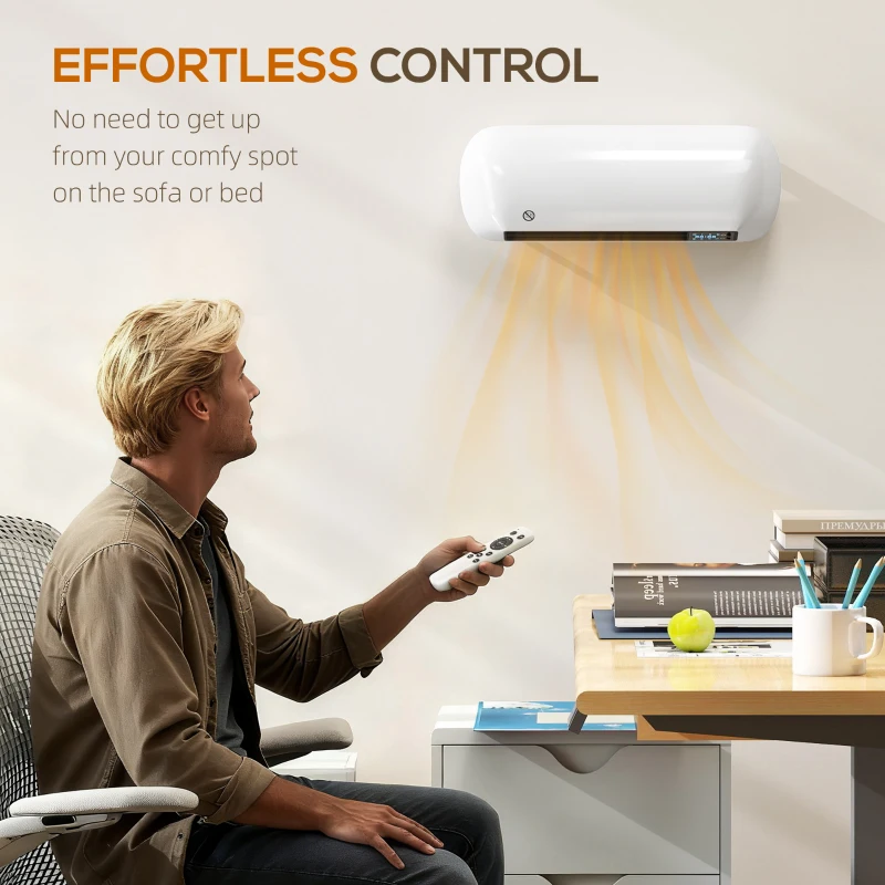 HOMCOM 2000W Ceramic Electric Heater with Fan, Adjustable Thermostat, Wall Mounted - White